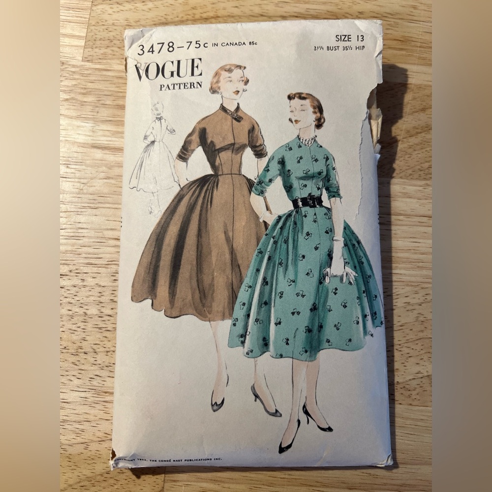Vintage 1952 Vogue Pattern No. 3478 one piece dress. pattern pieces pre cut